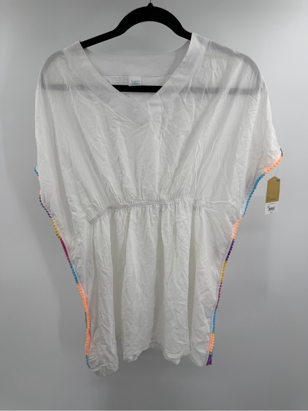 Thereabouts White V-Neck Beach Cover-Up Rainbow Embroidered Trim Size XL New